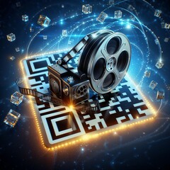 3D rendering of a film reel and QR code with sparkling digital effects
