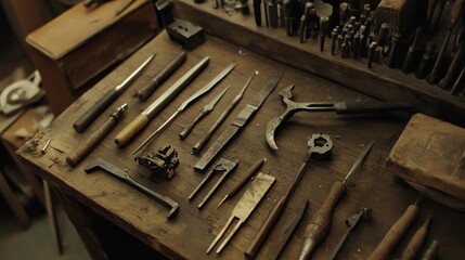 Fototapeta premium An assortment of vintage tools laid out on a wooden workbench, showcasing their craftsmanship and history.