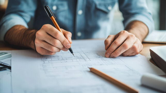 An electrical engineer analyzing blueprints and schematics in a modern workspace, emphasizing design and innovation