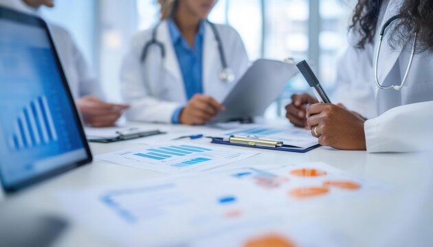 Healthcare professionals discuss data and graphs in a modern office setting.