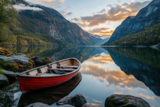 A red rowboat sits on a calm lake surrounded by mountains at sunset. - Powered by Adobe