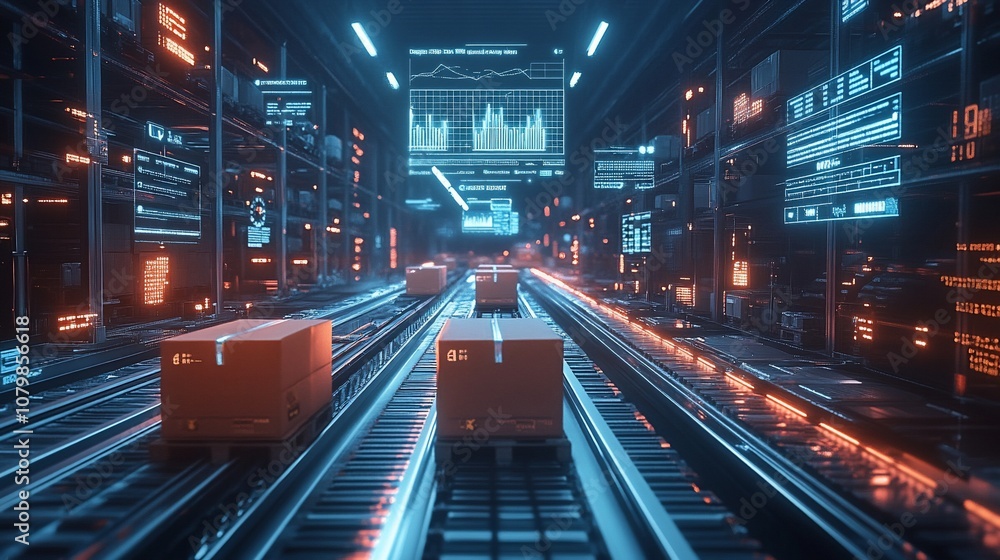 Poster futuristic automated warehouse with boxes moving on a conveyor belt and digital screens displaying d