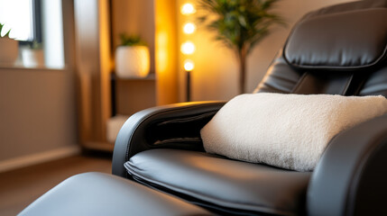 An inviting image of a cozy foot massage chair with soft pillows and a soothing ambiance, ready for a pampering session