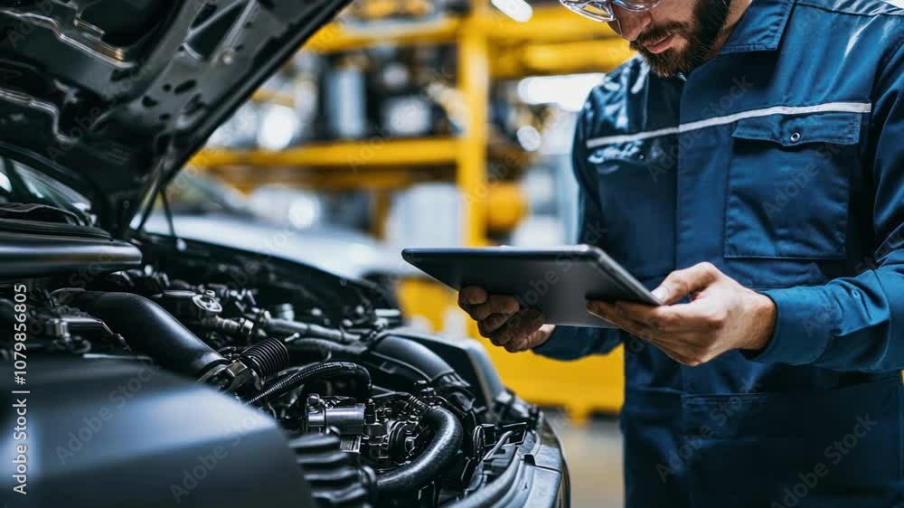 Poster ar engine inspection: technicians using tablet-based augmented reality software for vehicle maintena