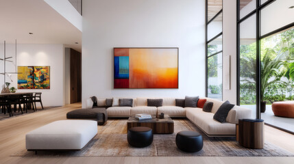 An inviting luxury living room mockup with plush seating, contemporary art pieces, and vibrant accents in a bright interior