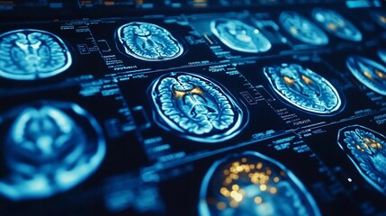 Multiple MRI scans of the brain in a grid pattern, with one scan highlighted in yellow.