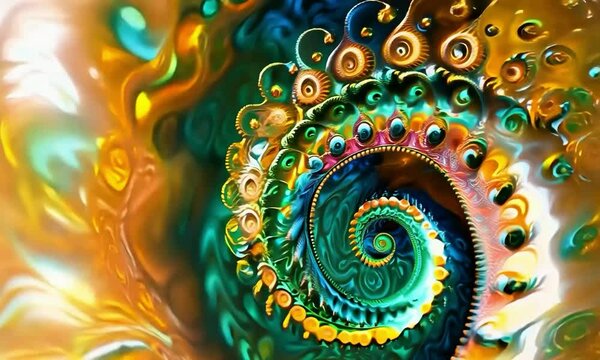 vibrant color Spiral dynamics with logarithmic spirals, Fibonacci sequences, and spiral growth patterns.