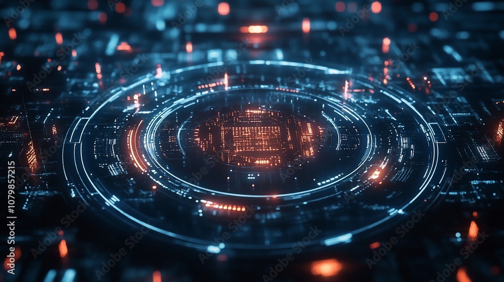 Poster abstract futuristic digital technology background with glowing neon lights and a circuit board in th