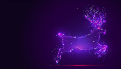 Silhouette of a deer made of glowing, multicolored dots, resembling stars. The vibrant particles form graceful antlers and body, symbolizing elegance, nature, and the serene beauty of wildlife.