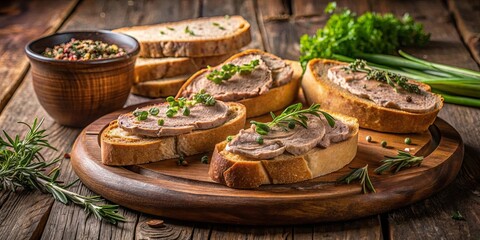 Fototapeta premium A Rustic Wooden Board Laden with Toasted Bread Slices, Each Topped with a Generous Spread of Rich, Savory Pate, Adorned with Fresh Herbs, Spices, and Peppercorns
