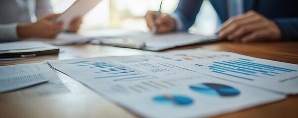 Financial consultant explaining investment options to client, close-up of documents and charts on table, professional office, high detail