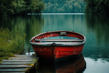 Obraz premium A red wooden rowboat sits on a wooden dock, with a beautiful green lake behind it.