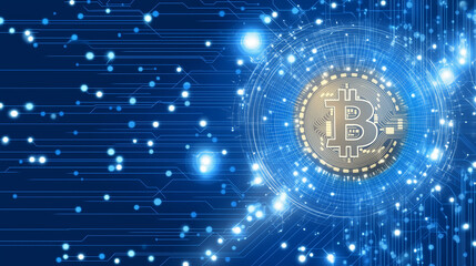 A dynamic and futuristic digital landscape featuring a prominent Bitcoin symbol at the center. The intricate lines and nodes create a sense of movement and connectivity, symbolizing the rapid evolutio
