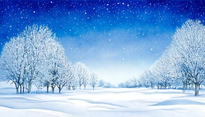 winter space of snow field and frozen trees; watercolor illustration