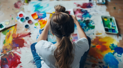 Artistic female graphic designer working with digital tablet and colorful palettes on floor