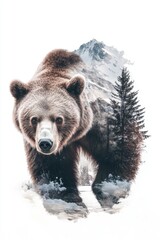 Fototapeta premium Double exposure of a bear amidst mountains and trees, showcasing nature's beauty and wildlife in harmonious coexistence. Generative AI