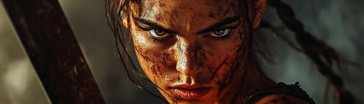 Fierce Gladiatrix with Scarred Face Gripping a Weapon in Battle Arena