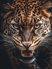 Obraz premium Fierce Leopard Growling with Intense Unblinking Eyes and Detailed Whiskers and Spots