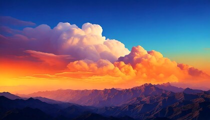 gradient background with colorful cloud above the mountains; sunset mood