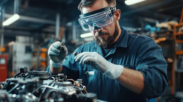 AR maintenance inspection tools: Technicians using augmented reality software for real-time diagnostics and engine repair