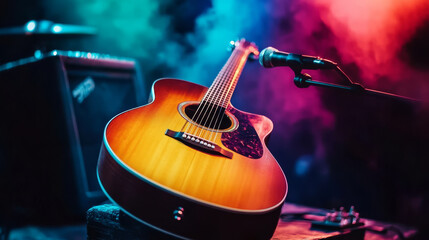 Obraz premium Artistic shot of an acoustic guitar on a stage with colorful lighting and a microphone nearby