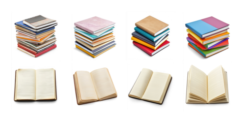 Collection of Stack of notepads with various covers and Open notepad with visible pages isolated on transparent background