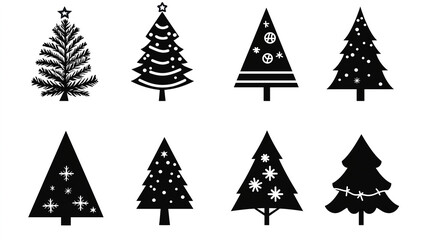 Abstract Christmas Tree Silhouettes in Minimalist Styles – Black and White Vector for Holiday Designs and Decor