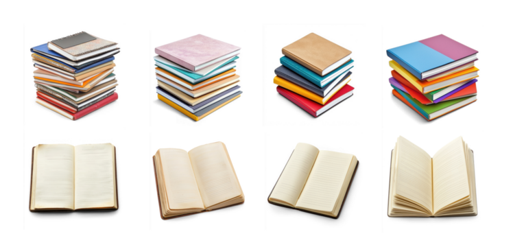 Collection of Stack of notepads with various covers and Open notepad with visible pages isolated on transparent background