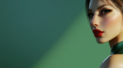 A close-up portrait of a woman with striking features and makeup.