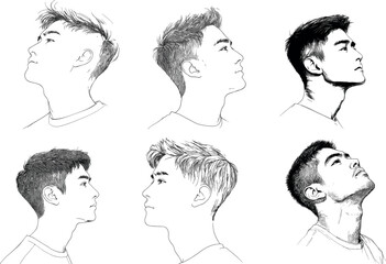 Sketches Showing Varied Profiles of Young Men Highlighting Different Hairstyles and Angles