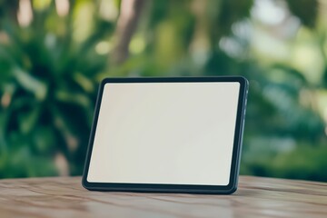 Tablet Mockup on Wooden Table with Green Nature Background.