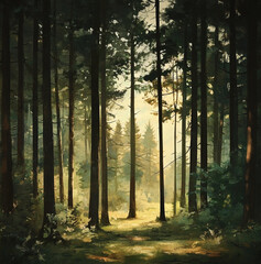 Naklejka premium a forest with tall trees in the Spring with dappled light, painterly