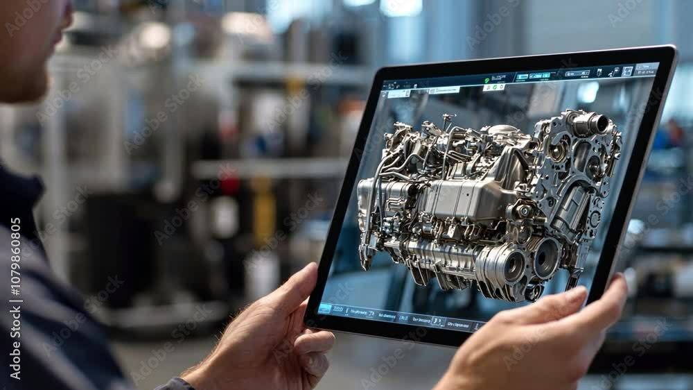 Poster ar software for mechanical inspection: technicians using ar tablets to inspect and diagnose engine c