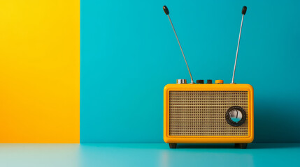 Obraz premium Bright yellow amplifier placed on a vibrant blue and white background, minimalist design with a pop-art feel