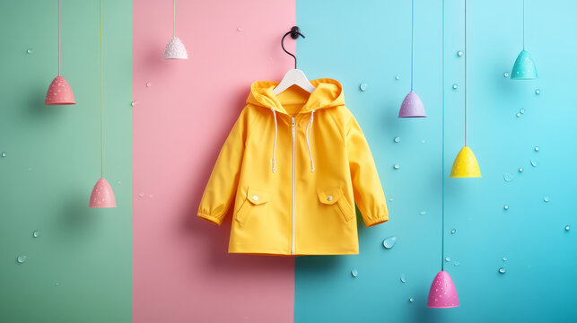 Brightly colored children's raincoat hanging on a hook against a playful backdrop of raindrops and clouds
