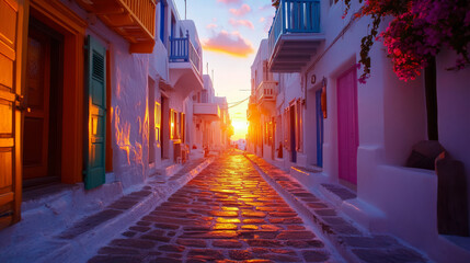 Fototapeta premium Captivating sunset over the iconic cobblestone streets of Mykonos, highlighting the beauty of Greek architecture and coastal charm