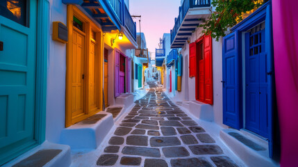 Captivating sunset over the iconic cobblestone streets of Mykonos, highlighting the beauty of Greek...