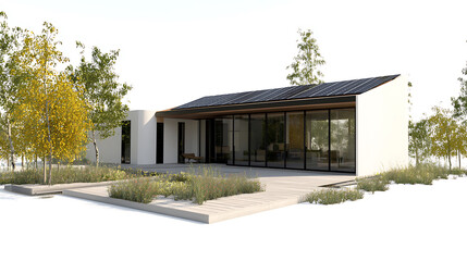Modern house with solar panels on white background

