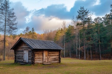 Obraz premium A rustic wooden cabin stands alone in a grassy clearing surrounded by a dense forest.