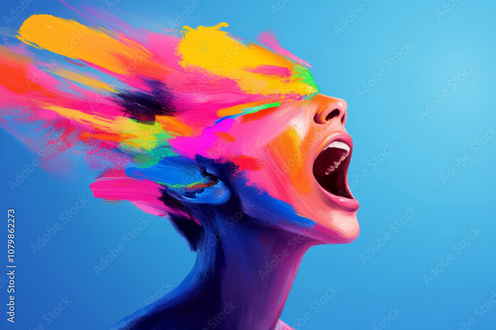 Poster a person with an open mouth expresses intense emotion, while bright paint colors burst from their he