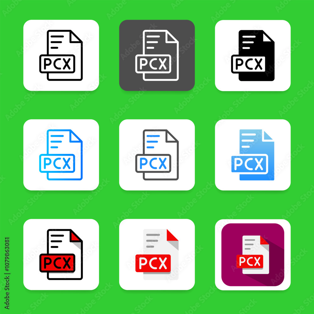 Poster set pcx data file icon. document file type, format symbol collection design.