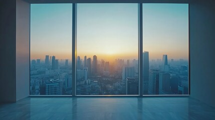 Fototapeta premium Interior view of an empty room in a skyscraper, showcasing the cityscape during the day. The skyline view from a high-rise window offers a gorgeous property with a stunning view.