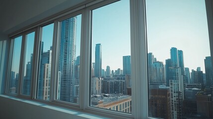 Interior view of an empty room in a skyscraper, showcasing the cityscape during the day. The skyline view from a high-rise window offers a gorgeous property with a stunning view.