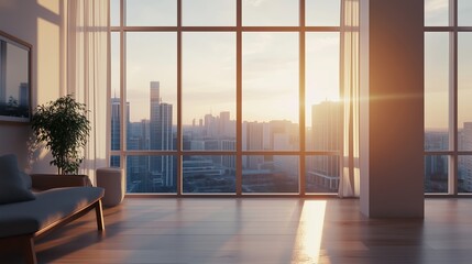 Fototapeta premium Interior view of an empty room in a skyscraper, showcasing the cityscape during the day. The skyline view from a high-rise window offers a gorgeous property with a stunning view.