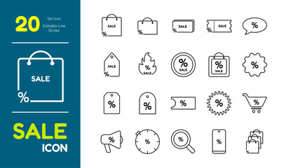 Vector Line Sale Icon Set. Contains discount Icons such as Coupons, with Percent Signs, Discount Codes, etc. Editable strokes.
