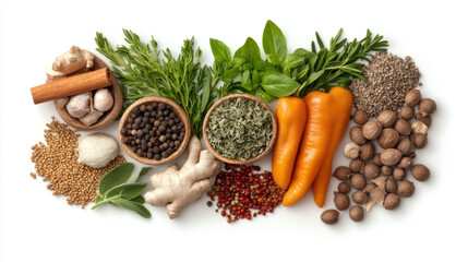 Fototapeta premium Fresh herbs and spices arranged beautifully, featuring ginger, garlic, carrots, and various seeds, creating vibrant and colorful display of natural ingredients