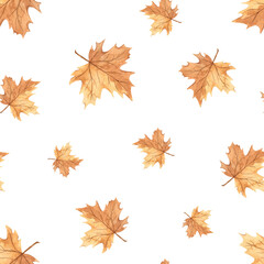 Fototapeta premium Watercolor seamless pattern with maple autumn leaves, fall print, texture with leaves bright