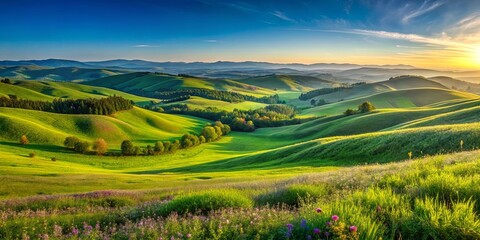 Naklejka premium Serene rolling hills, bathed in the golden glow of dawn, create a breathtaking landscape of natural beauty and tranquility.