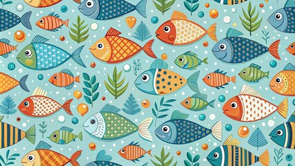 Naklejka premium A vibrant underwater tapestry of colorful fish swimming amongst stylized sea plants and bubbles on a turquoise background.