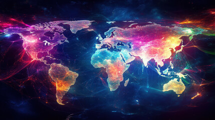 vibrant and colorful representation of world map, showcasing connections across continents with cosmic background. This artistic depiction highlights interconnectedness of global regions